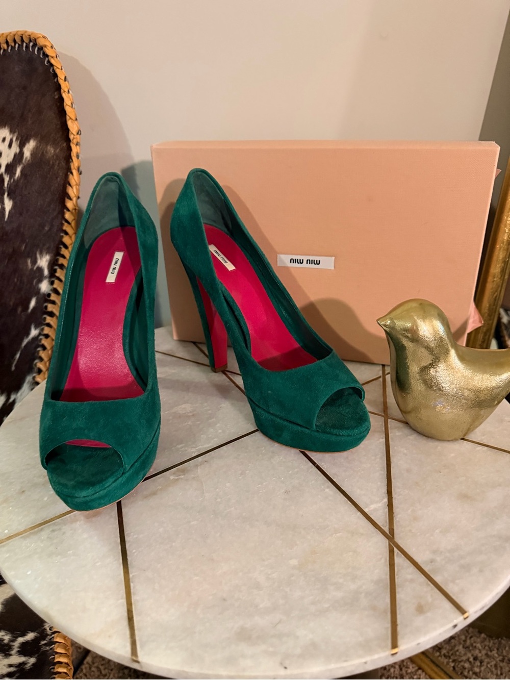 Miu Miu Emerald Green Suede Peep-Toe Pumps with Pink Lining